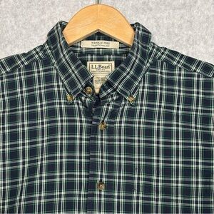 L.L. Bean Wrinkle-Free Long Sleeve Button Down Plaid Shirt-Navy/Green-Men Large